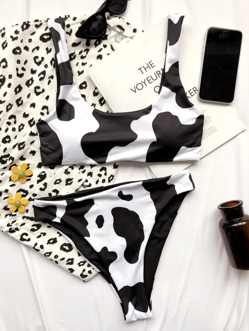 2 Piece Cow Print Bikini Cut Out Push Up Swimsuit Brazilian Summer Bathing Suit High Waist Swimwear