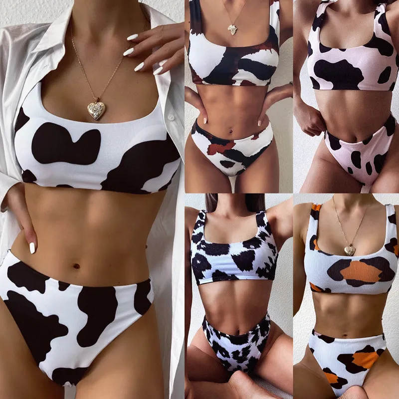 2 Piece Cow Print Bikini Cut Out Push Up Swimsuit Brazilian Summer Bathing Suit High Waist Swimwear