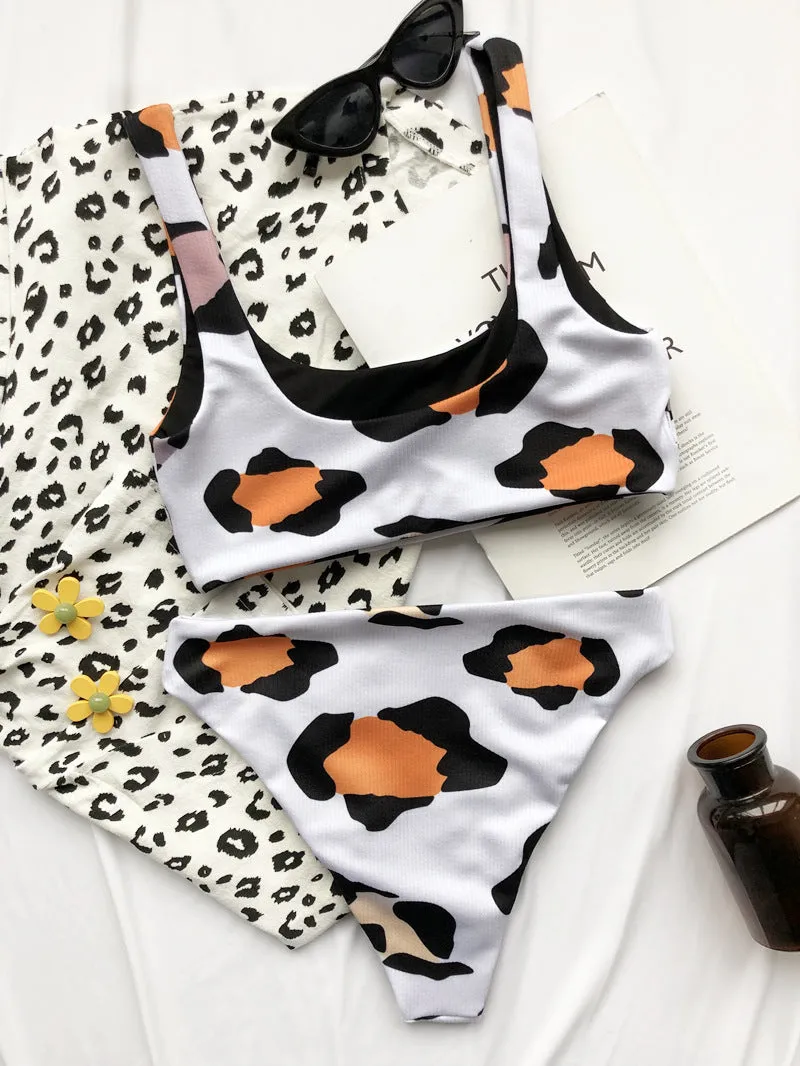 2 Piece Cow Print Bikini Cut Out Push Up Swimsuit Brazilian Summer Bathing Suit High Waist Swimwear