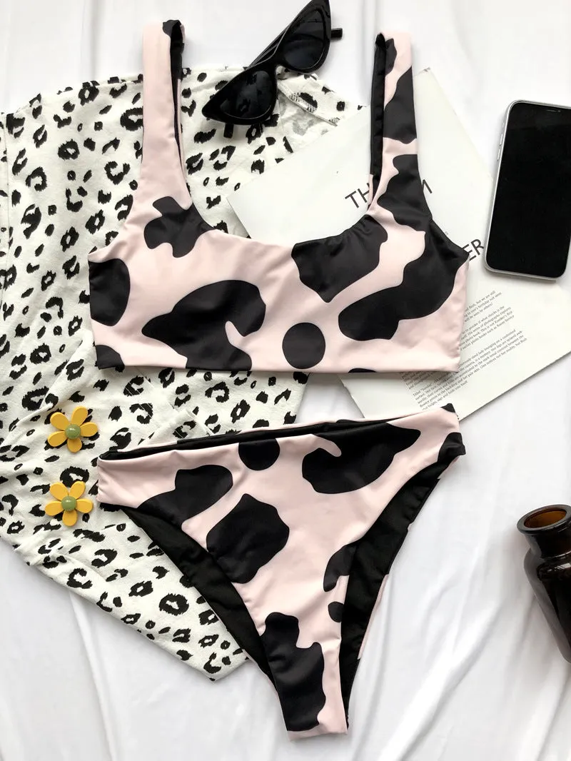 2 Piece Cow Print Bikini Cut Out Push Up Swimsuit Brazilian Summer Bathing Suit High Waist Swimwear