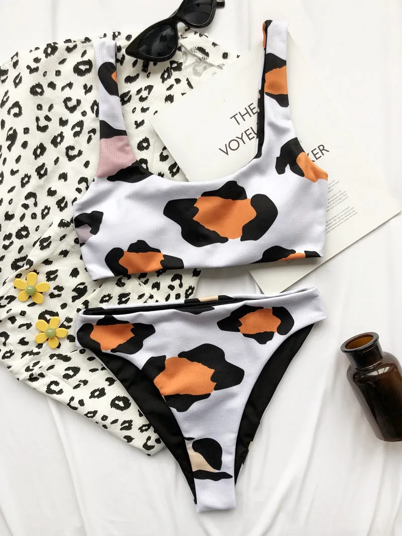 2 Piece Cow Print Bikini Cut Out Push Up Swimsuit Brazilian Summer Bathing Suit High Waist Swimwear