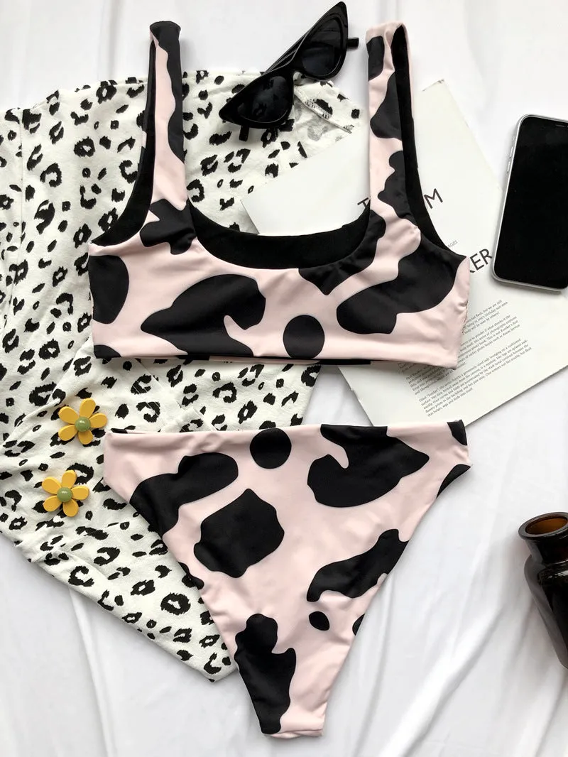 2 Piece Cow Print Bikini Cut Out Push Up Swimsuit Brazilian Summer Bathing Suit High Waist Swimwear