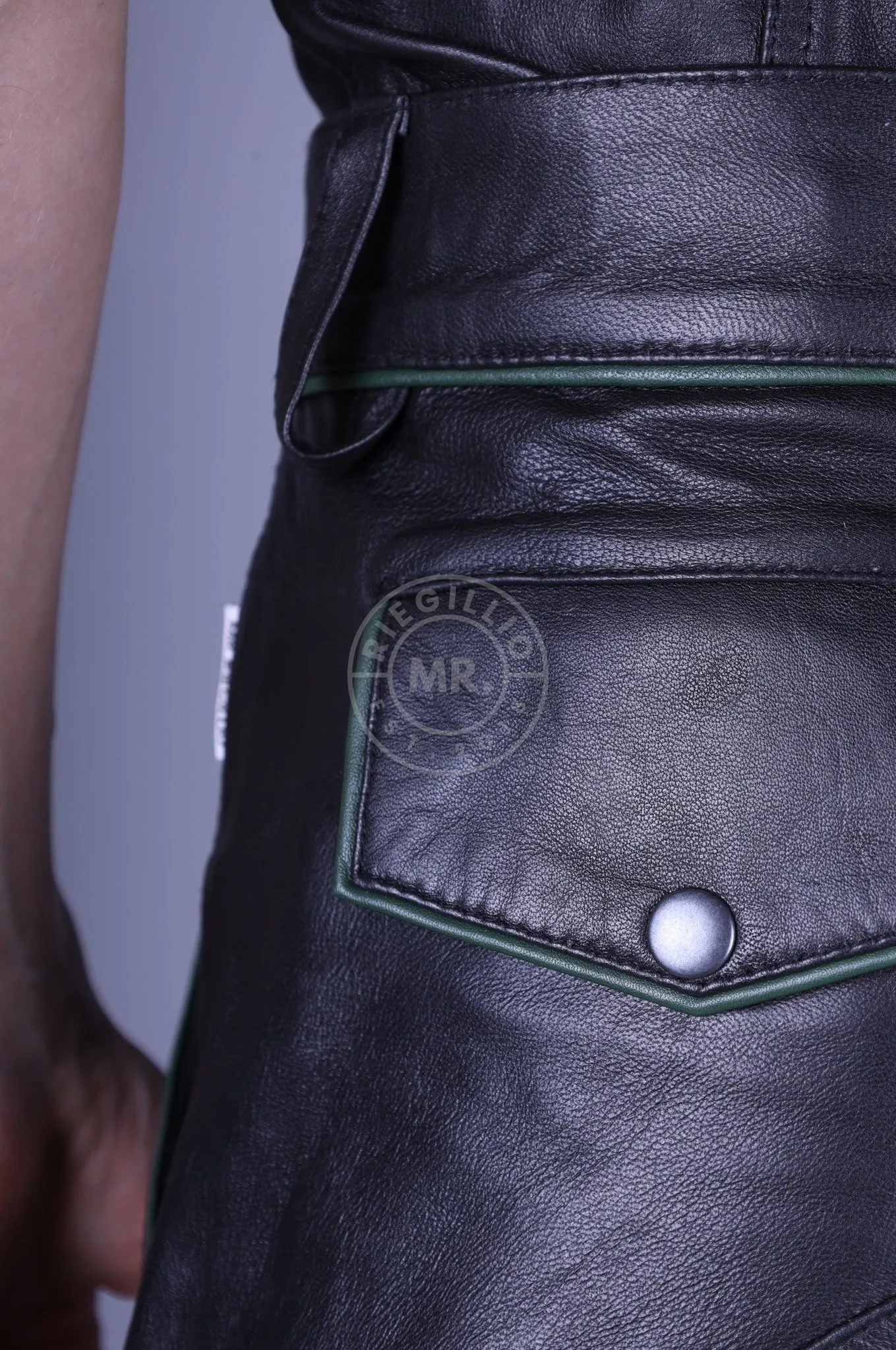 Black Leather Cargo Short - Dark Green Piping