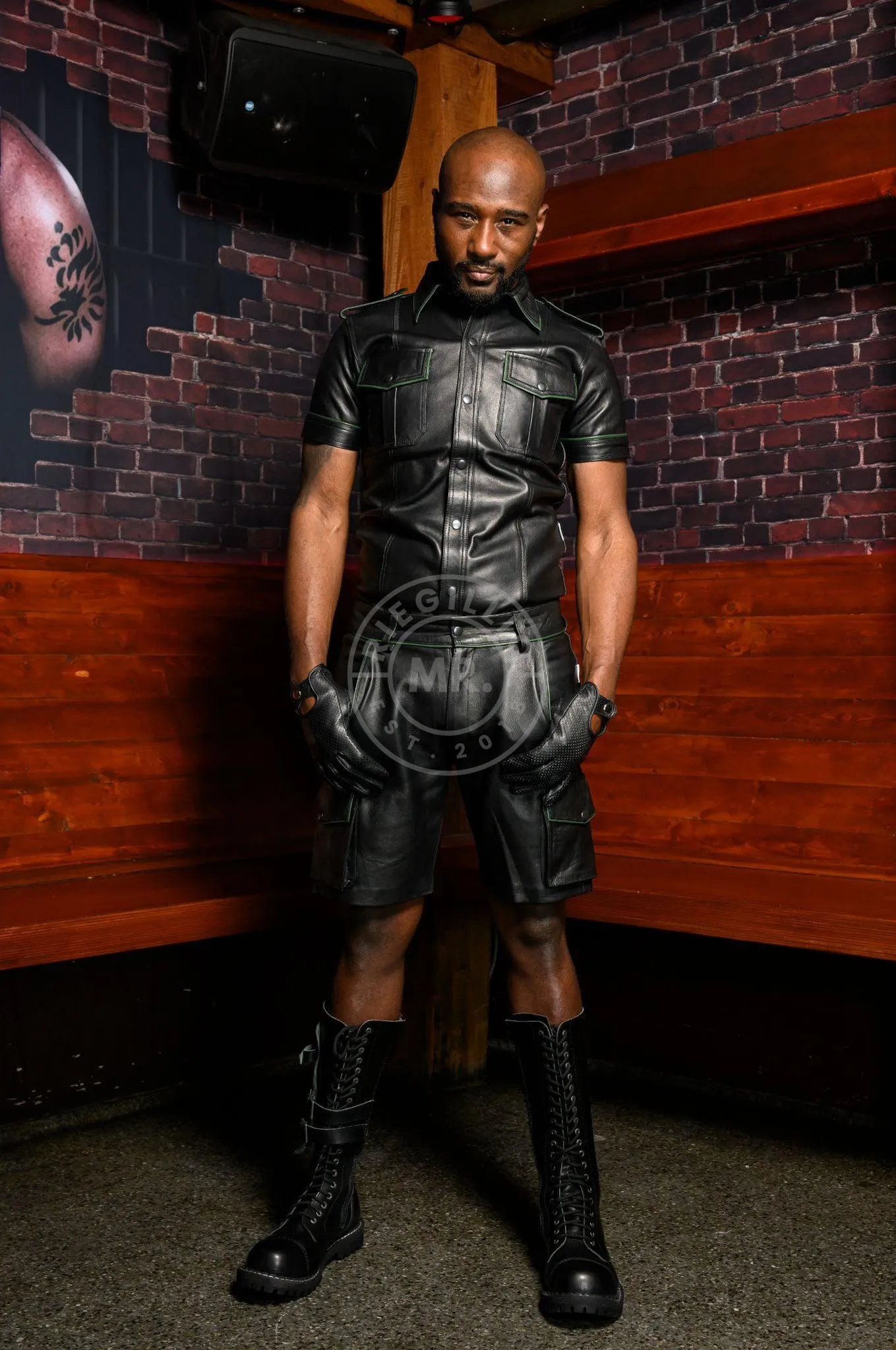 Black Leather Cargo Short - Dark Green Piping