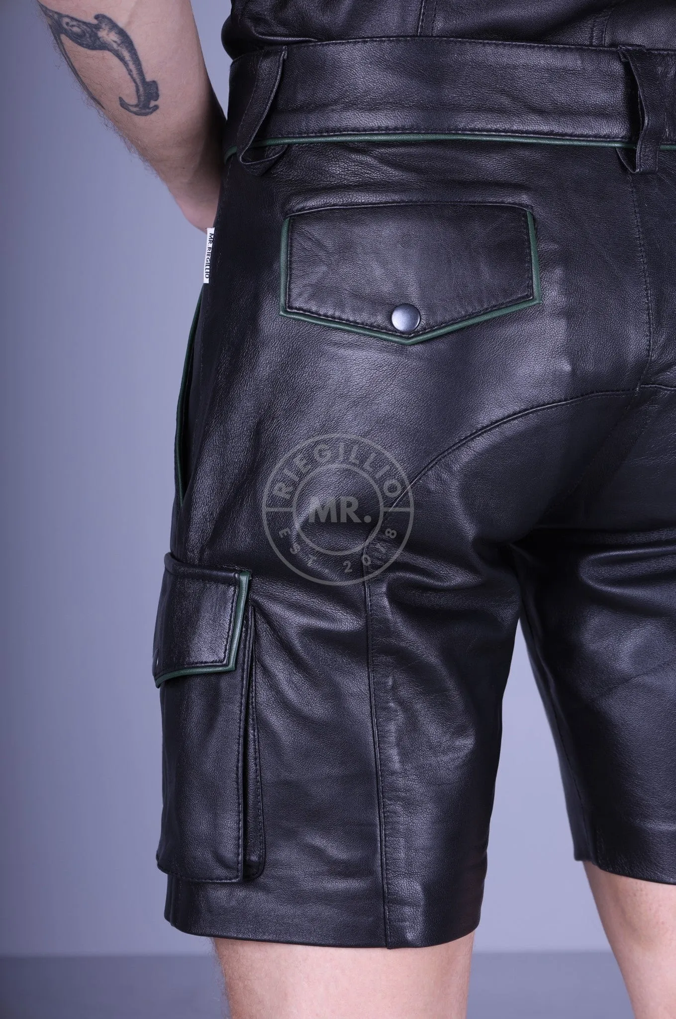 Black Leather Cargo Short - Dark Green Piping