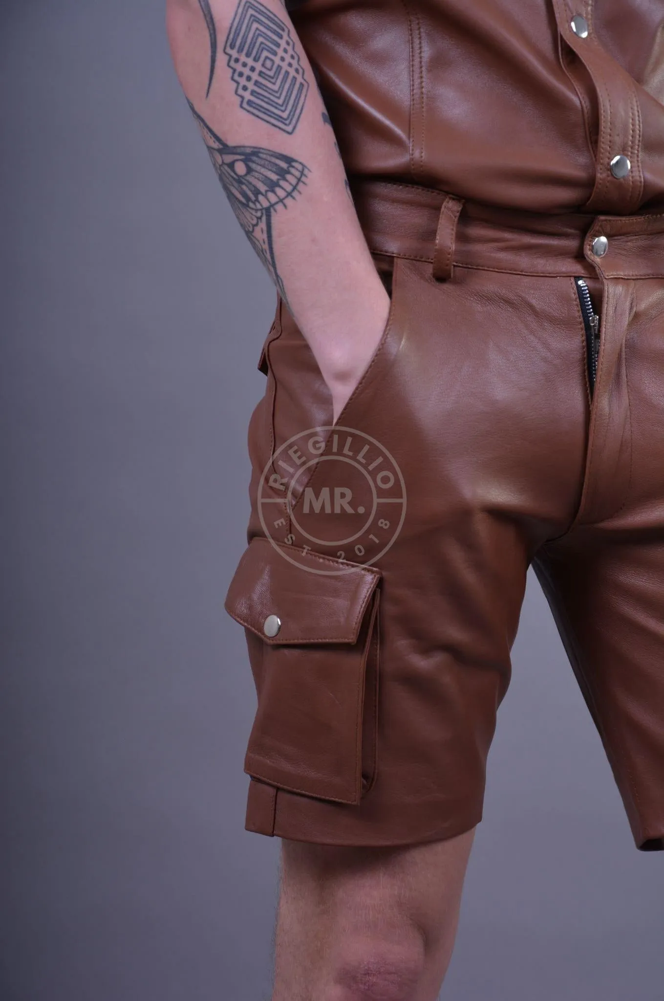 Cinnamon Brown Leather Cargo Short