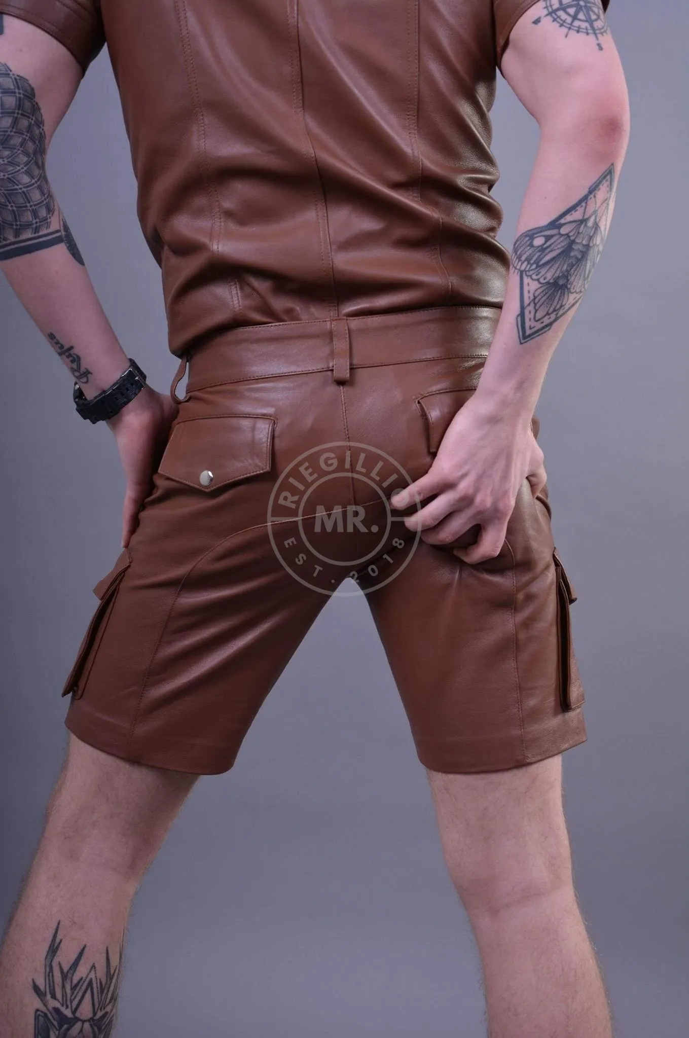 Cinnamon Brown Leather Cargo Short