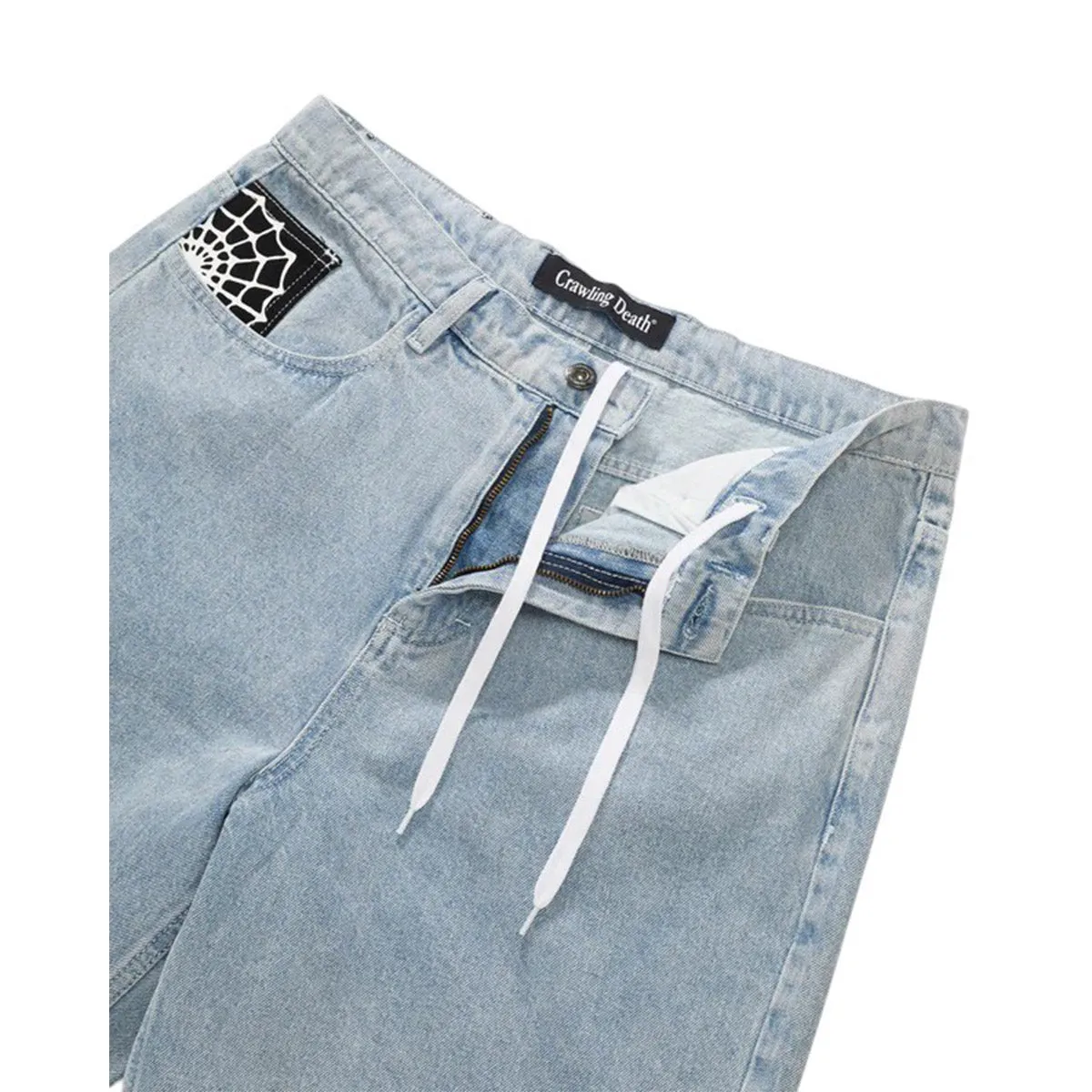 Crawling Death - Web Denim Shorts Light Blue