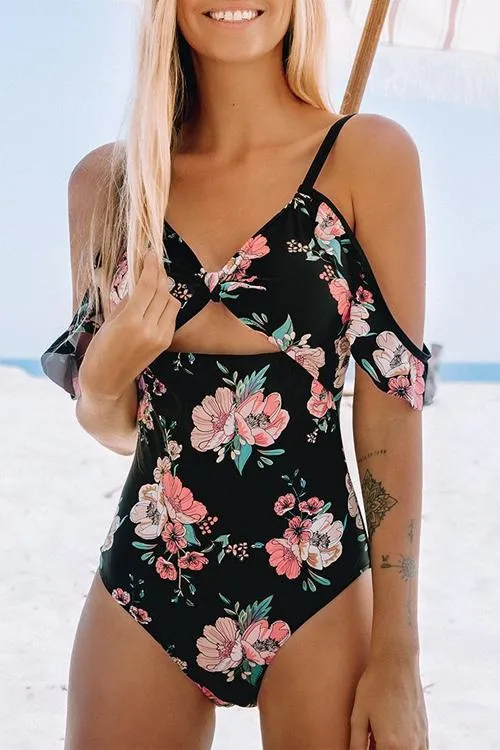 Cut Out Floral Print One Piece Swimwear