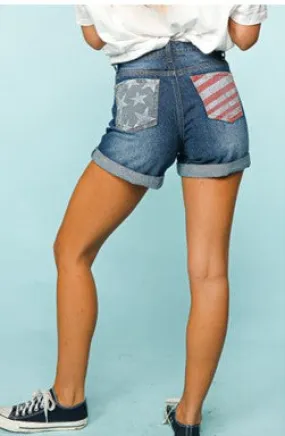 Denim Shorts with Stars & Stripes Pockets - #4242-4247