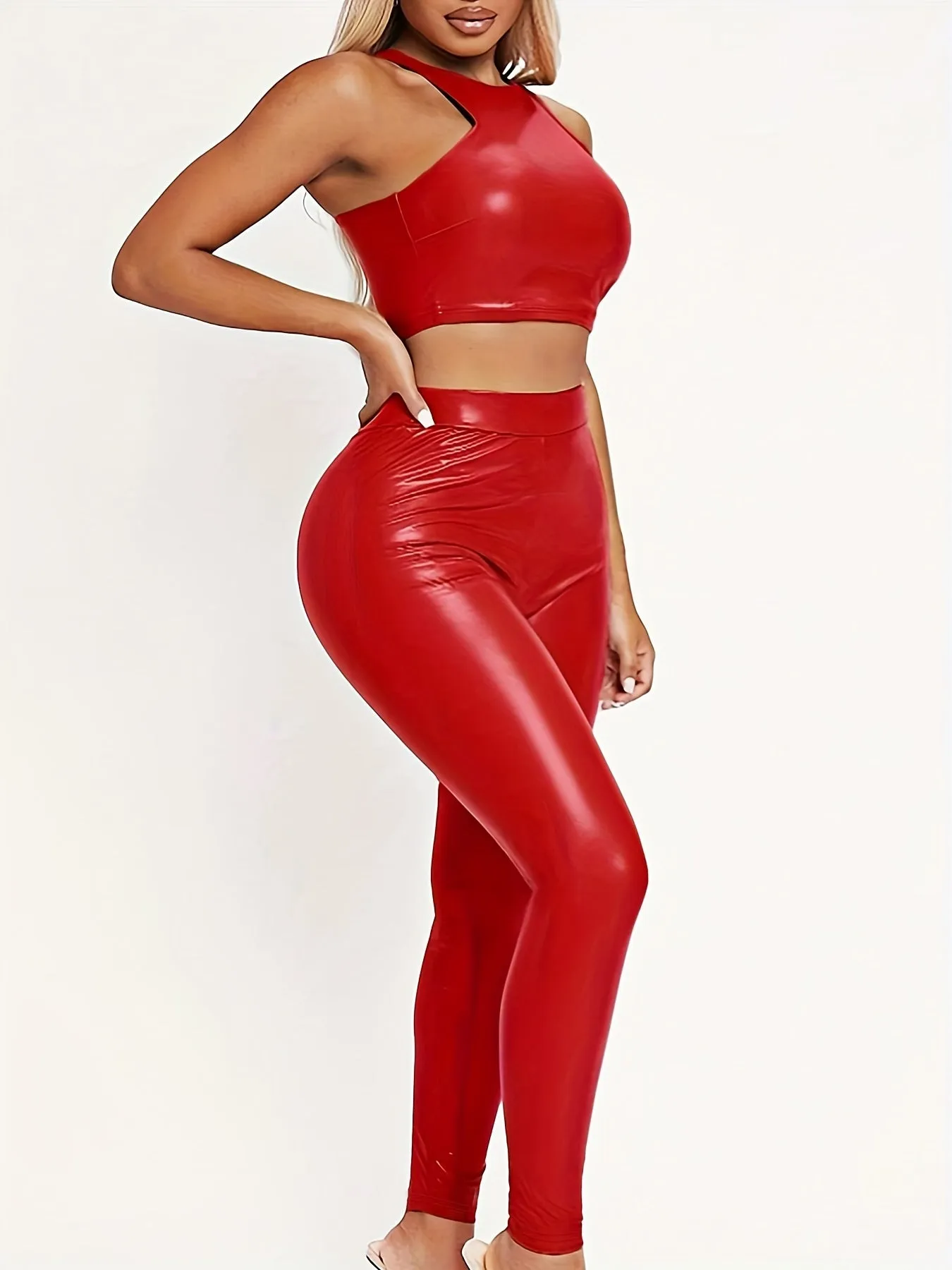 Faux Leather Crop Tank Top And Pants Set