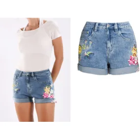 Floral Embroidered Denim Jean Shorts