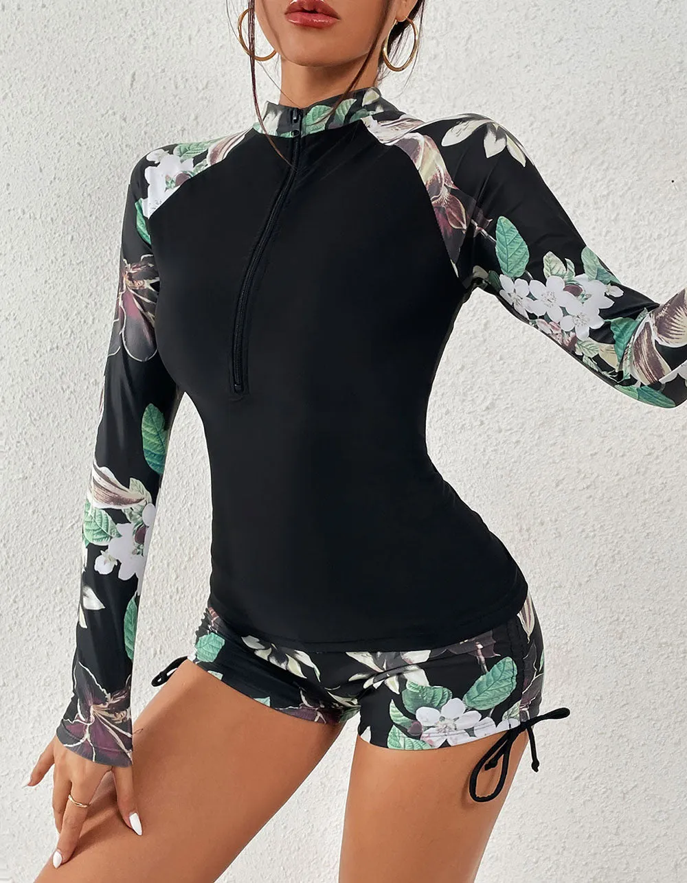 Floral Printed Drawstring Zipper Two-piece Swimwear Sets