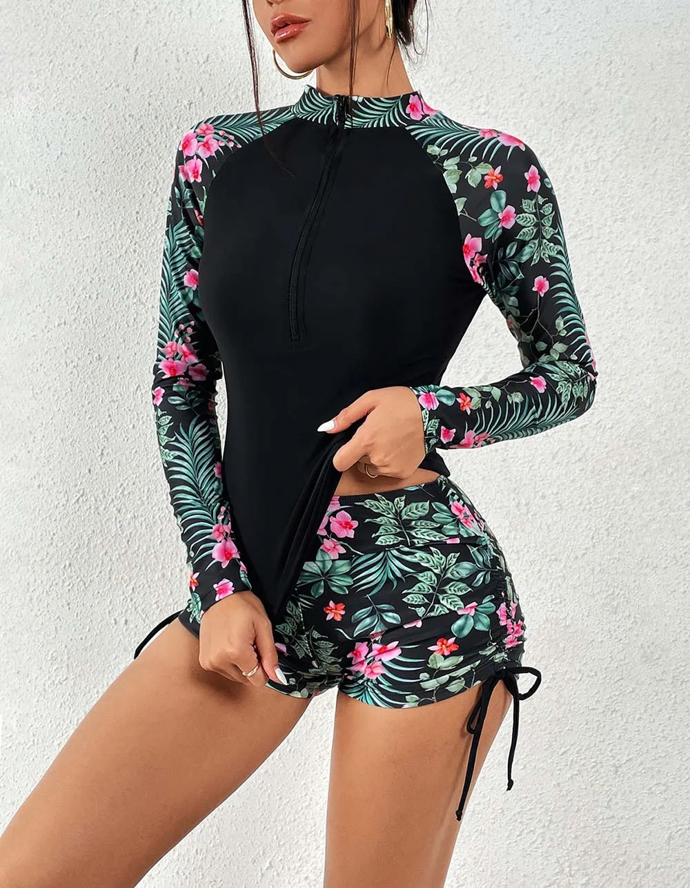 Floral Printed Drawstring Zipper Two-piece Swimwear Sets