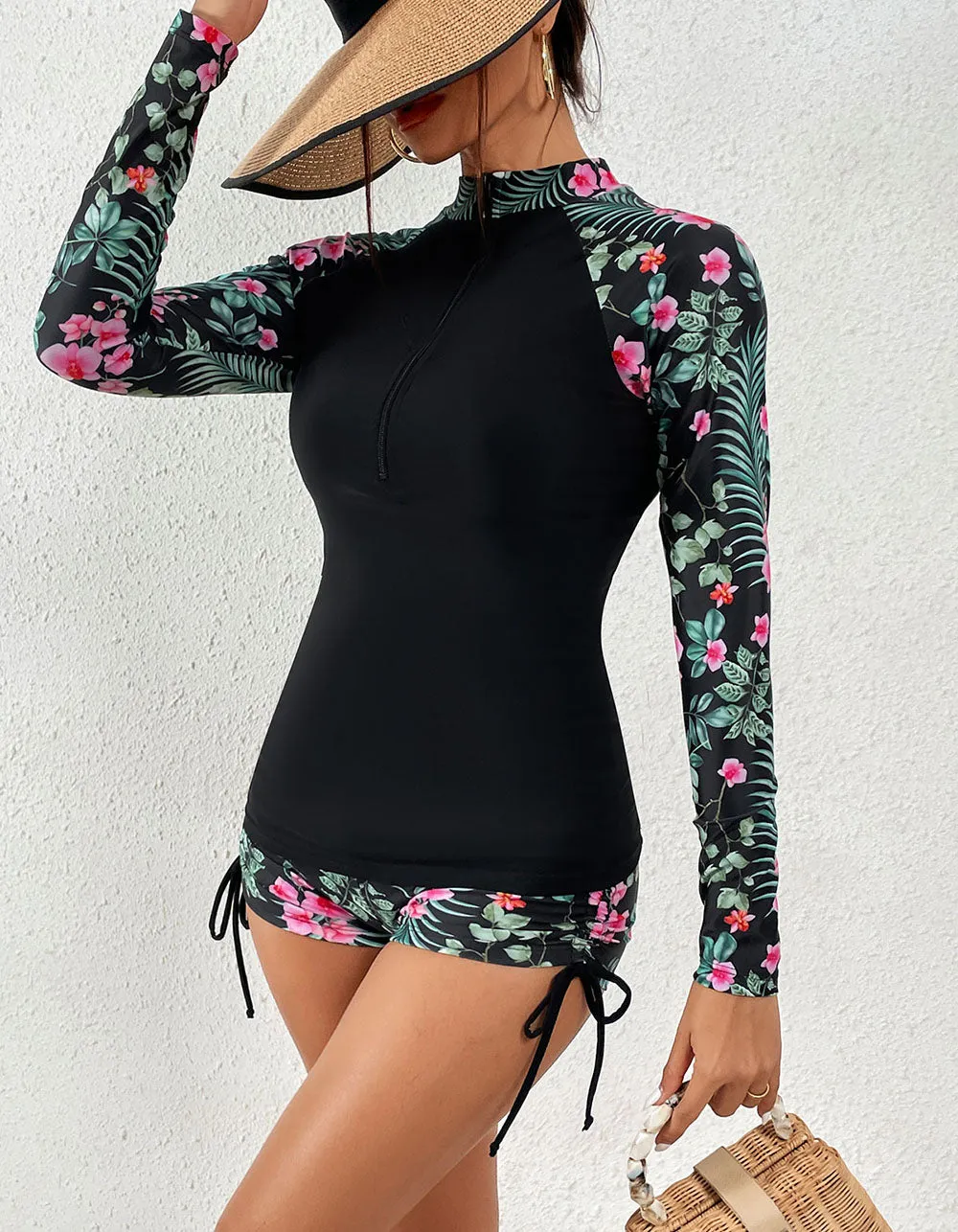 Floral Printed Drawstring Zipper Two-piece Swimwear Sets