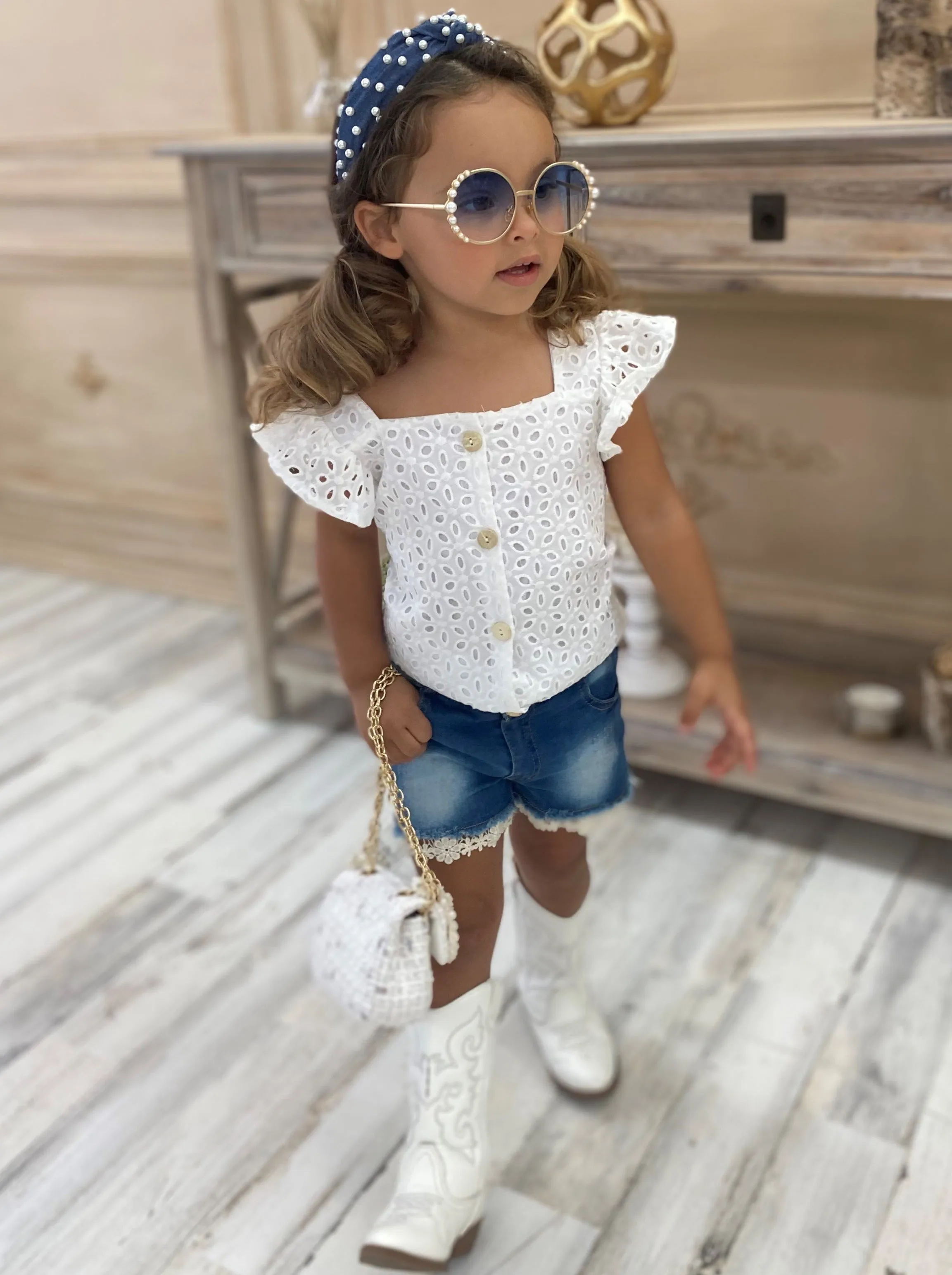 Girls Lace Flutter Sleeve Button Top and Denim Short Set