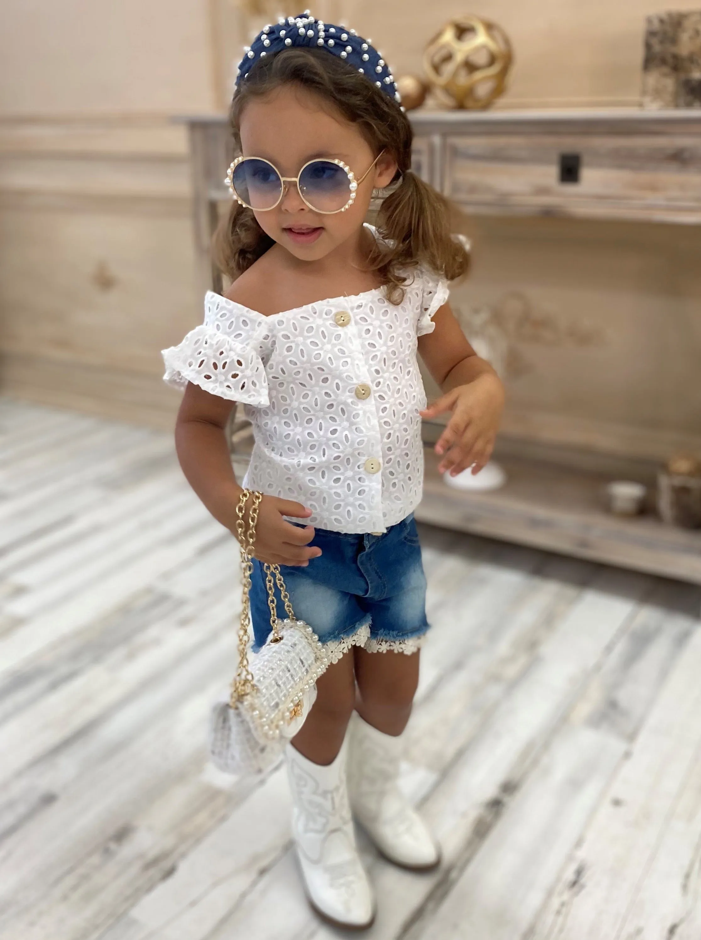 Girls Lace Flutter Sleeve Button Top and Denim Short Set