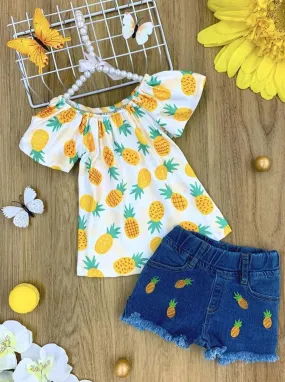 Girls Pinapple Print Top and Patched Denim Short Set