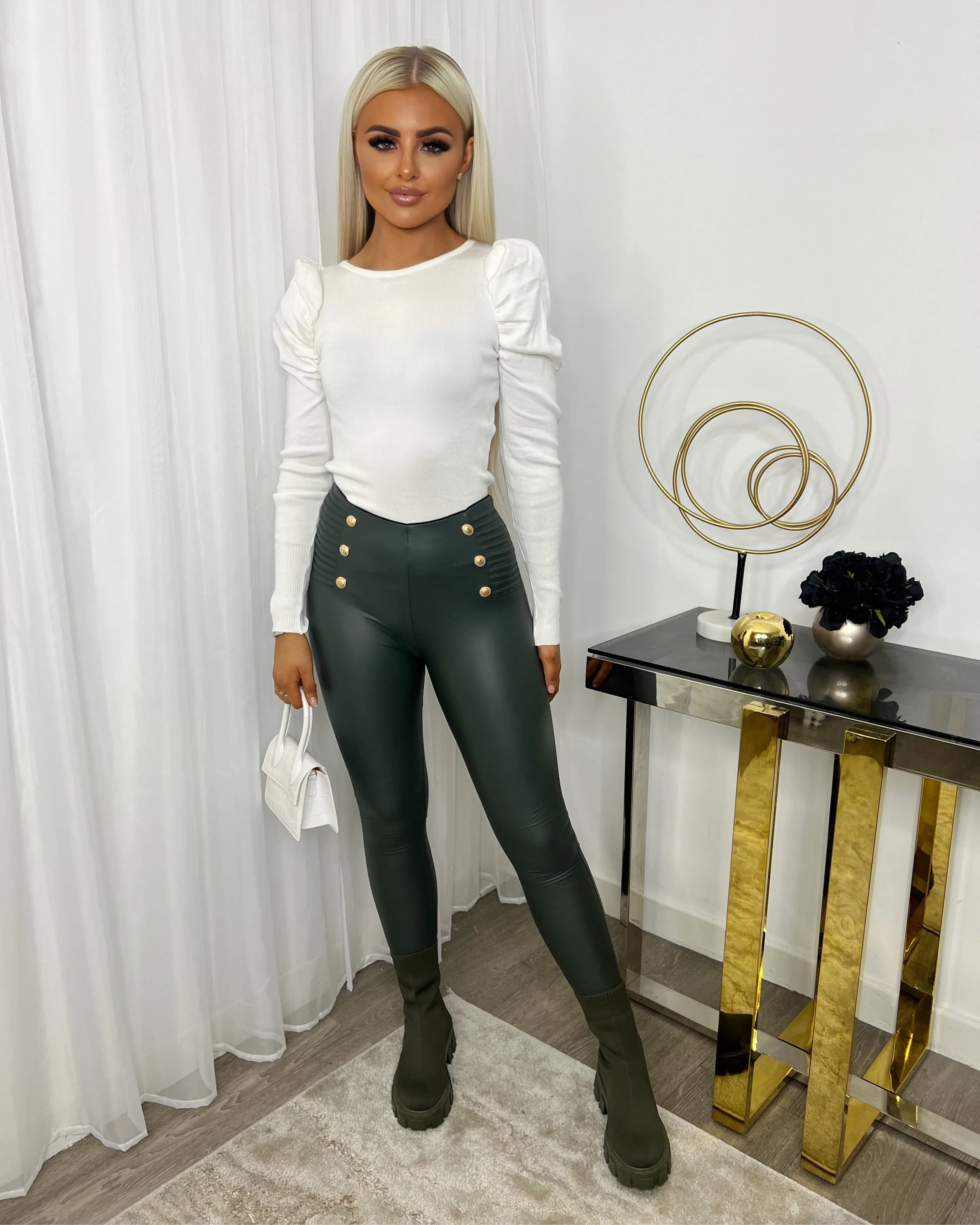 High Waisted Panel Gold Button Leggings - Khaki