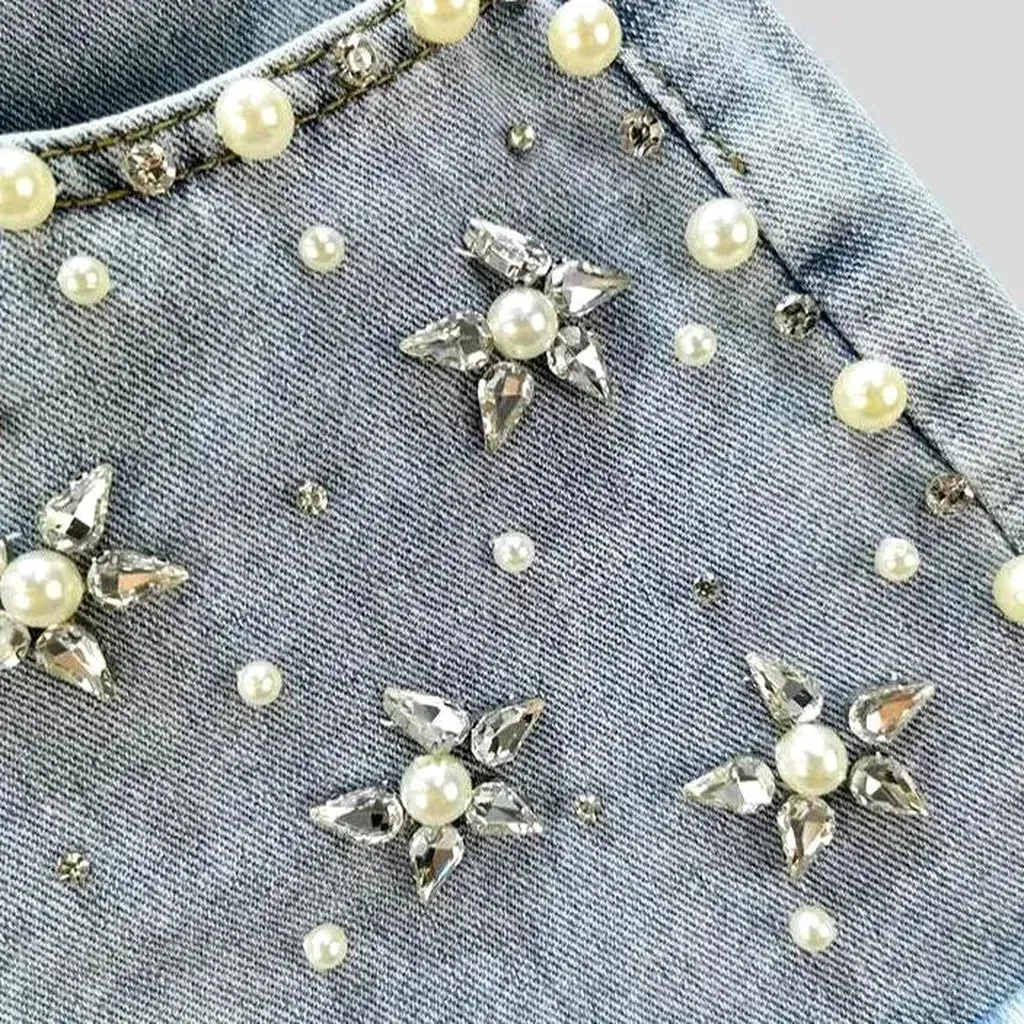 Light-wash embellished denim shorts