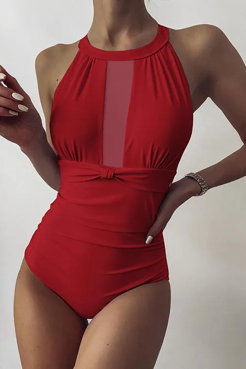 Mesh Patchowrk Backless One Piece Swimwear