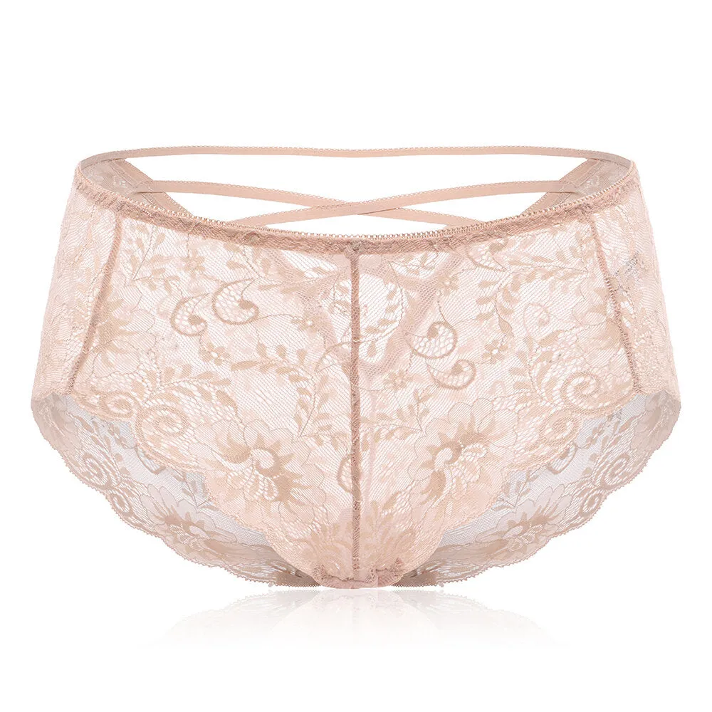 Mid Waist Criss Cross Panties Hollow Lace Underwear