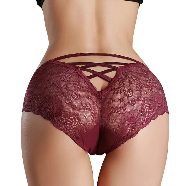 Mid Waist Criss Cross Panties Hollow Lace Underwear