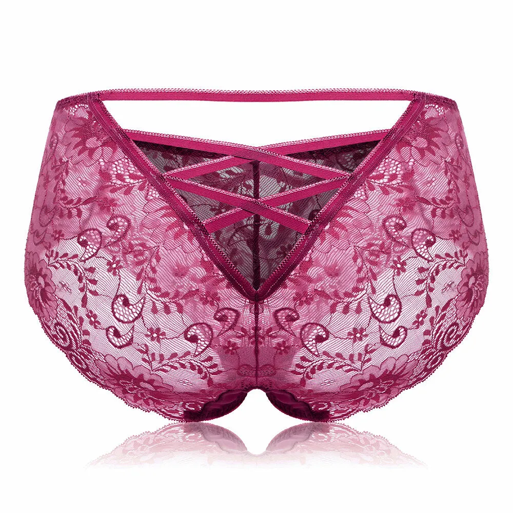 Mid Waist Criss Cross Panties Hollow Lace Underwear