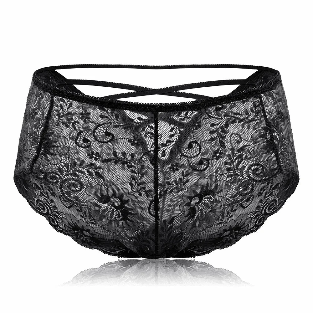 Mid Waist Criss Cross Panties Hollow Lace Underwear