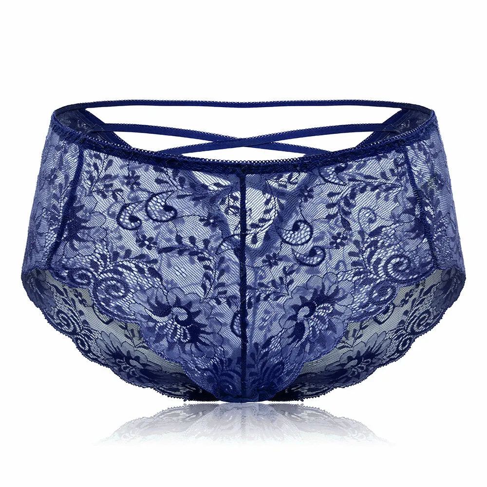 Mid Waist Criss Cross Panties Hollow Lace Underwear