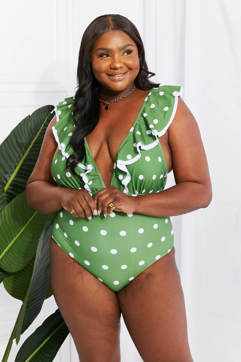 Moonlit Dip Ruffle Plunge Swimsuit in Mid Green