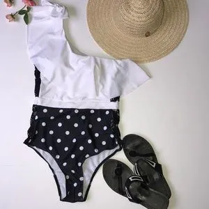 one piece off shoulder ruffled polka dot swimsuit