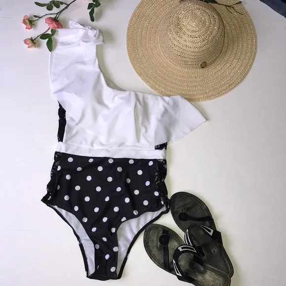 one piece off shoulder ruffled polka dot swimsuit