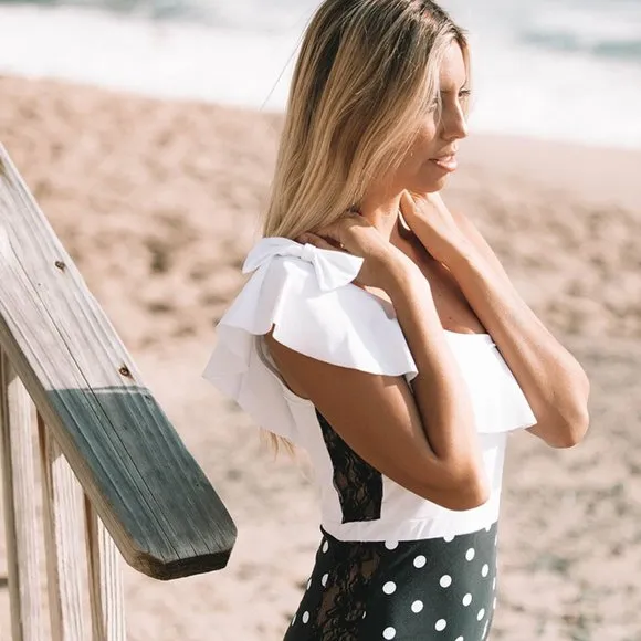 one piece off shoulder ruffled polka dot swimsuit