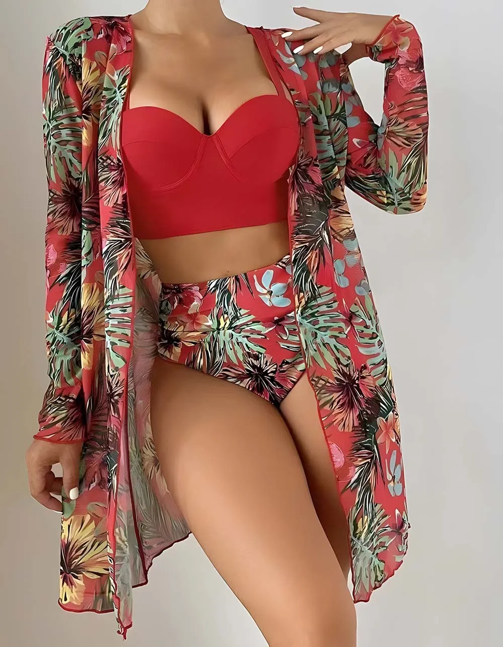 Plants Printed Three-piece Strap Mesh Backless Bikini Swimwear