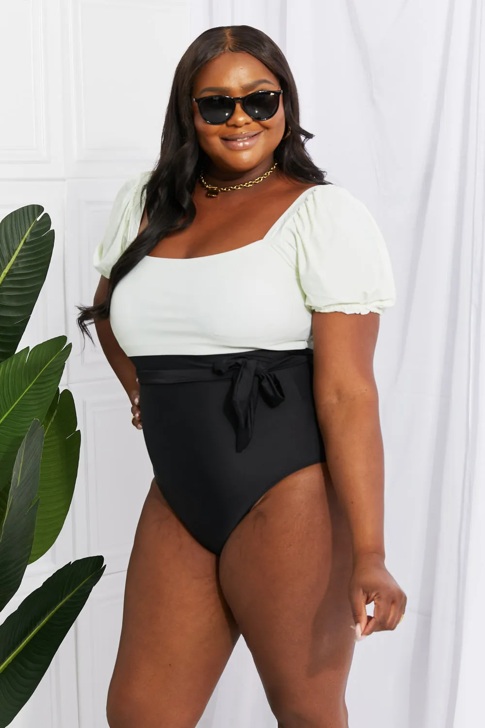 Puff Sleeve One-Piece Swimsuit in Cream/Black