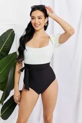 Puff Sleeve One-Piece Swimsuit in Cream/Black