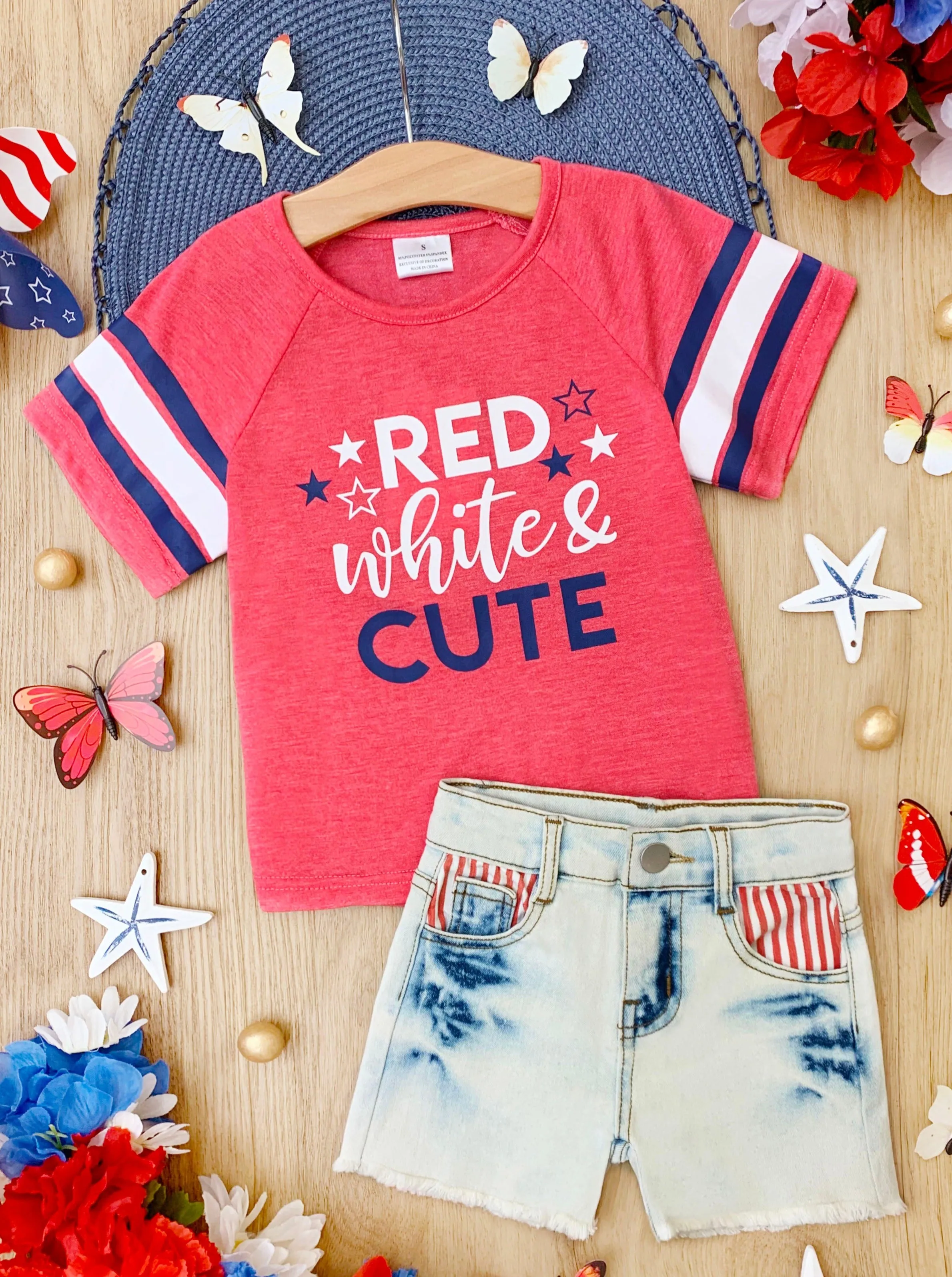 Red, White, and Cute Denim Shorts Set