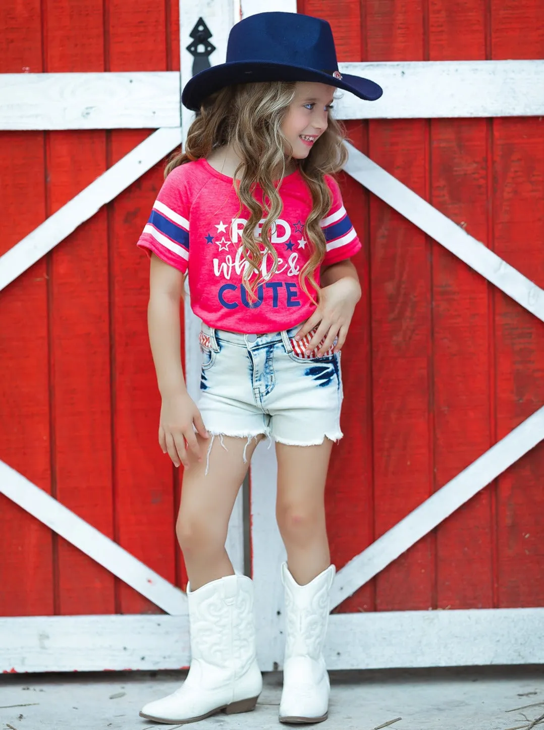 Red, White, and Cute Denim Shorts Set