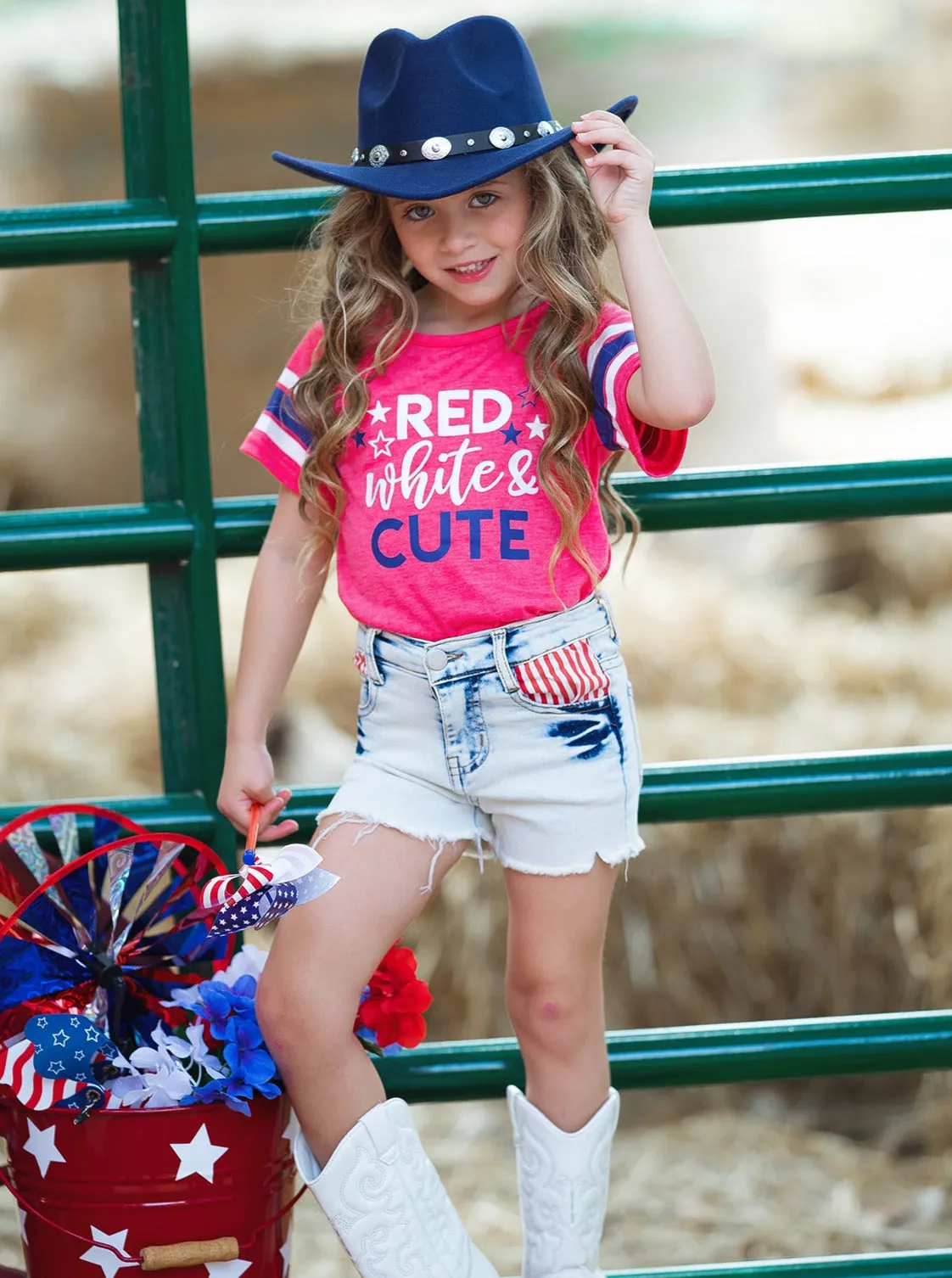 Red, White, and Cute Denim Shorts Set