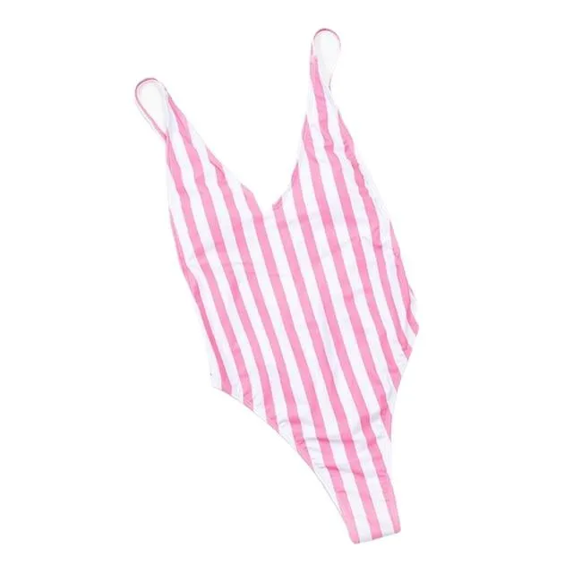 Sexy Women's V-Neck Backless Swimsuit With Striped Print One Piece