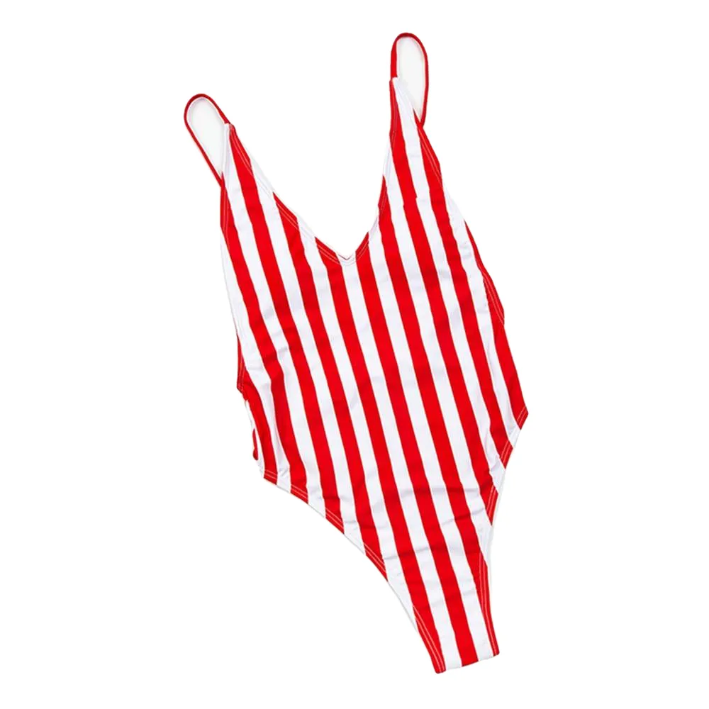 Sexy Women's V-Neck Backless Swimsuit With Striped Print One Piece