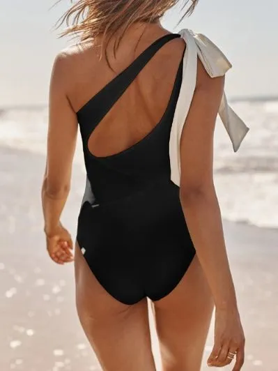 TEEK - Black One Shoulder Big Tie Swimsuit