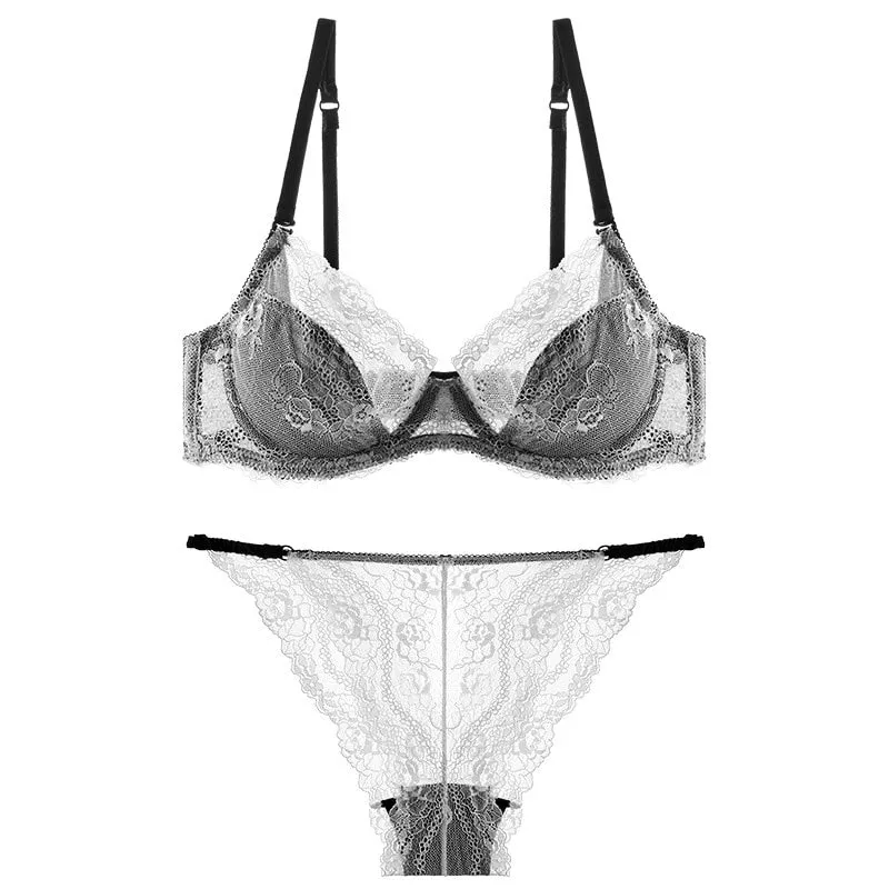 VenusFox Lace Lingerie Panty Sets Plus Size Transparent Bra Panties Set Ultrathin Sexy Underwear Women Brassiere Push Up Bras Set