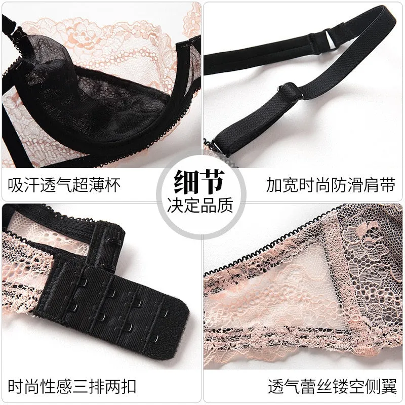 VenusFox Lace Lingerie Panty Sets Plus Size Transparent Bra Panties Set Ultrathin Sexy Underwear Women Brassiere Push Up Bras Set