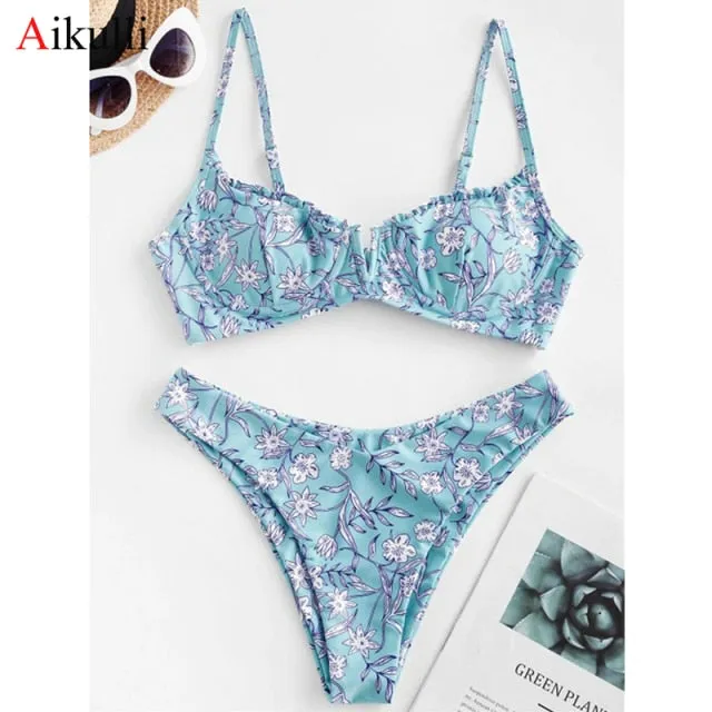 VenusFox Sexy V-bar Underwired Bikinis Floral Swimwear Women Swimsuit Female V-Neck Bikini Set Push Up Beach Wear Swim Bathing Suits