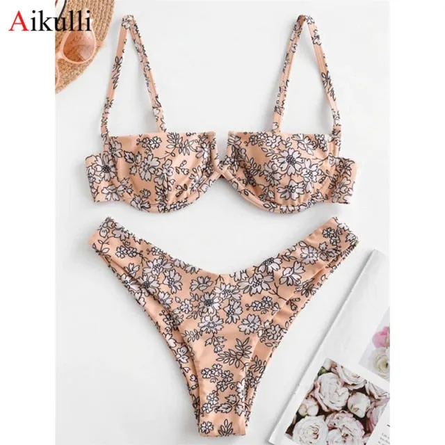 VenusFox Sexy V-bar Underwired Bikinis Floral Swimwear Women Swimsuit Female V-Neck Bikini Set Push Up Beach Wear Swim Bathing Suits