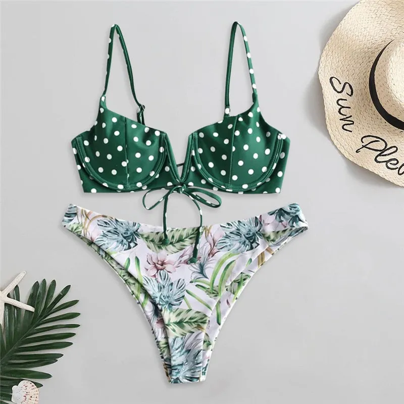 VenusFox Sexy V-bar Underwired Bikinis Floral Swimwear Women Swimsuit Female V-Neck Bikini Set Push Up Beach Wear Swim Bathing Suits