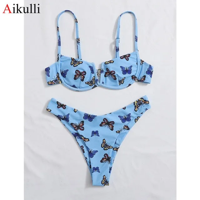 VenusFox Sexy V-bar Underwired Bikinis Floral Swimwear Women Swimsuit Female V-Neck Bikini Set Push Up Beach Wear Swim Bathing Suits