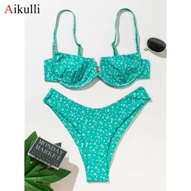 VenusFox Sexy V-bar Underwired Bikinis Floral Swimwear Women Swimsuit Female V-Neck Bikini Set Push Up Beach Wear Swim Bathing Suits